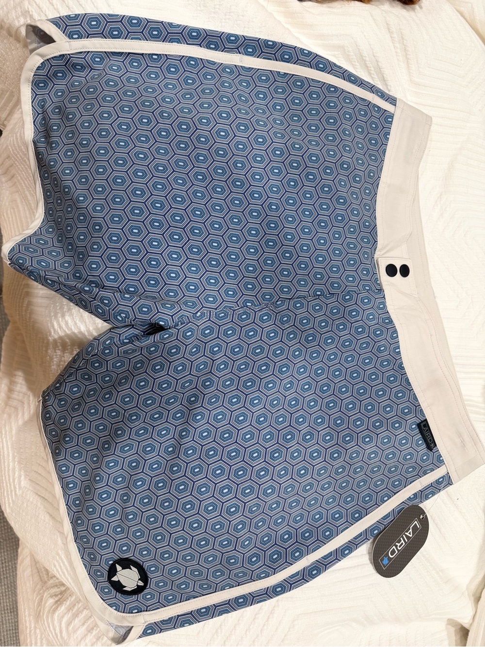 Laird Blue Hexagon Print Board Shorts with White Trim